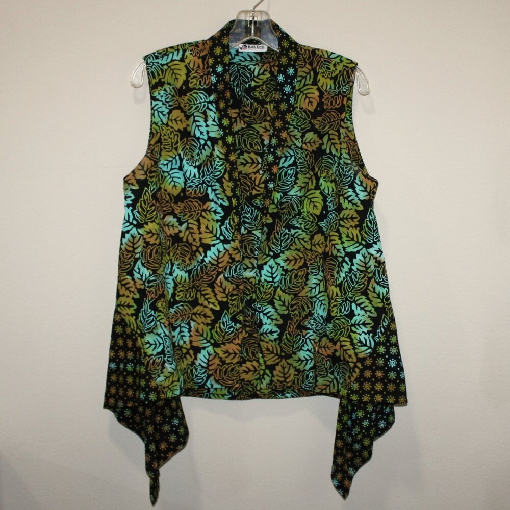 Batik Keris 100% cotton wax process sleeveless‎ open front vest top XL leaves